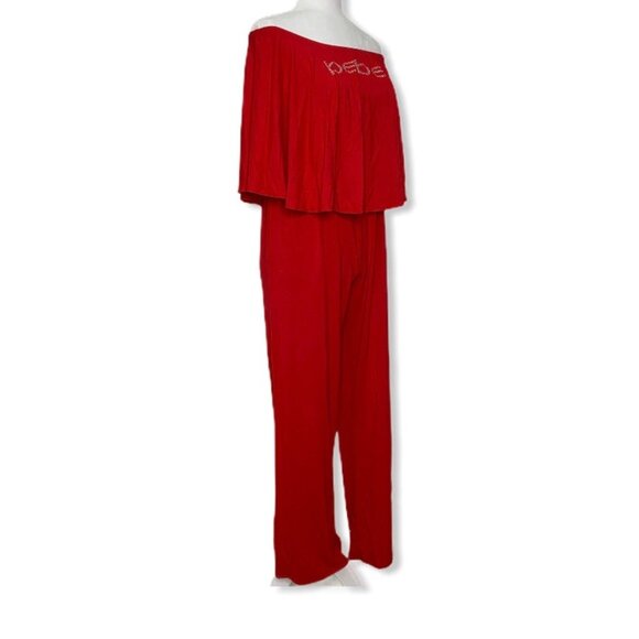 Bebe Embellished Logo Strapless Wide Leg Women's Jumpsuits True Red Size L - Picture 4 of 11